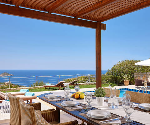 Okeanides Villas Crete Villa Electra breakfast by the swimming pool with sea view